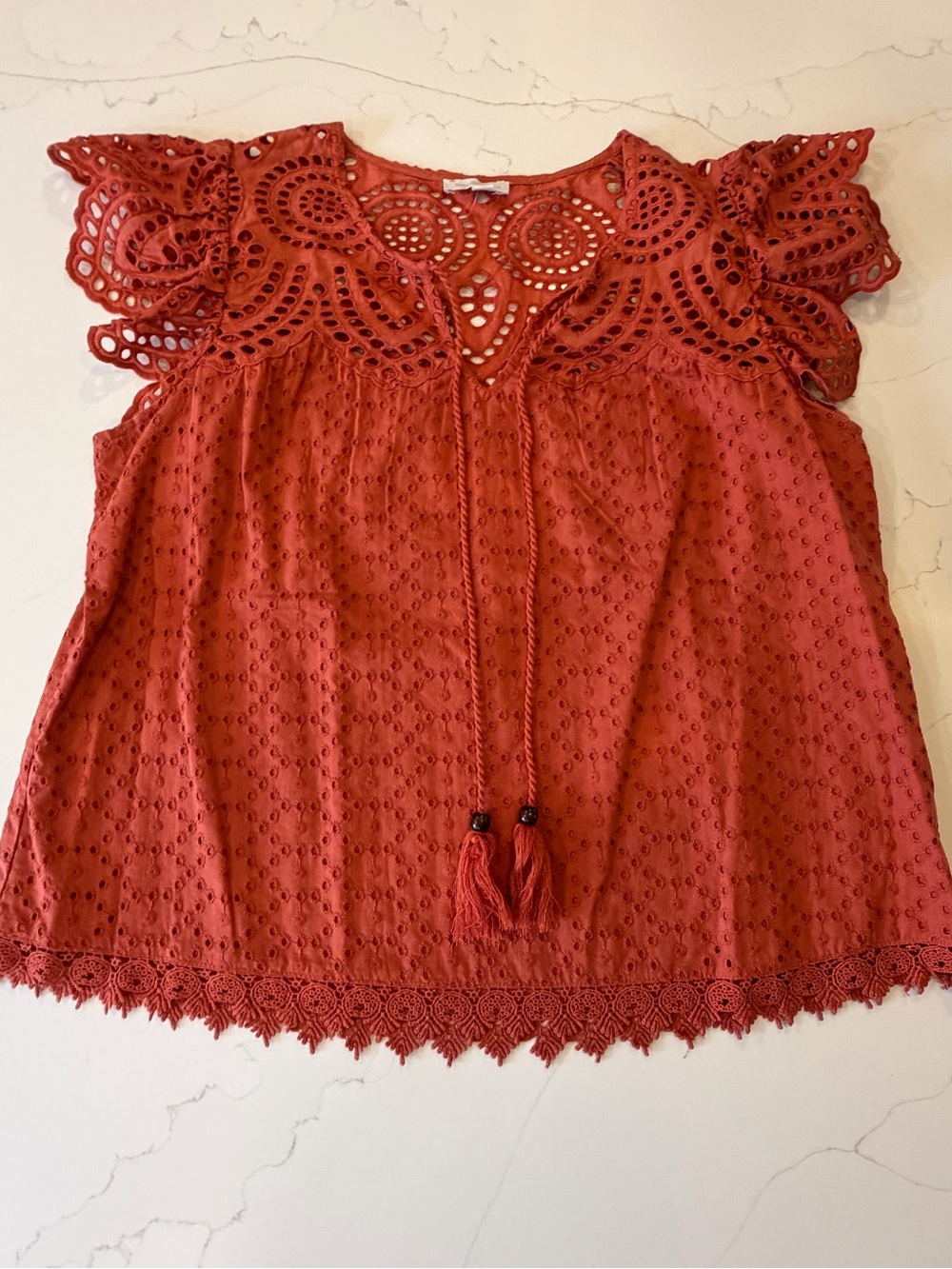 Eyelet Tassel Flutter Sleeve Top - Rust- 100% Cotton